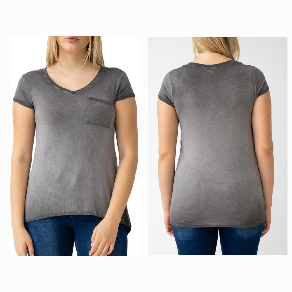 Cable & Gauge V-Neck Pocket Tee, Distressed Charcoal, Women's Size Medium